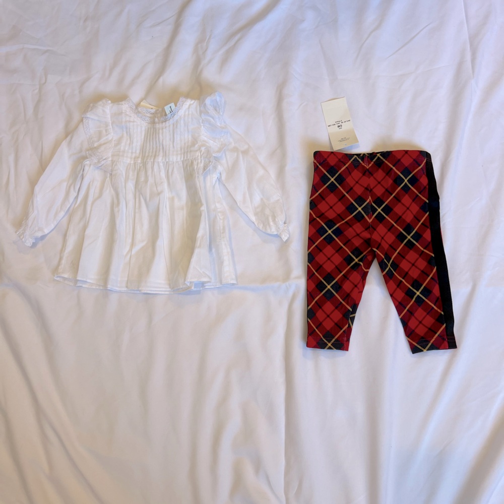 NWT Ralph Lauren Baby Girl White Polo Shirt Plaid Leggings Pants 6mo